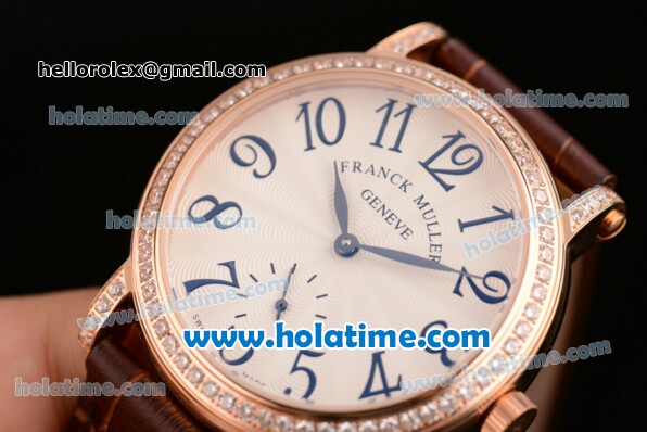 Franck Muller Liberty Miyota Quartz Rose Gold Case with Brown Leather Bracelet Diamond Bezel and Black Arabic Numeral Markers - Click Image to Close
